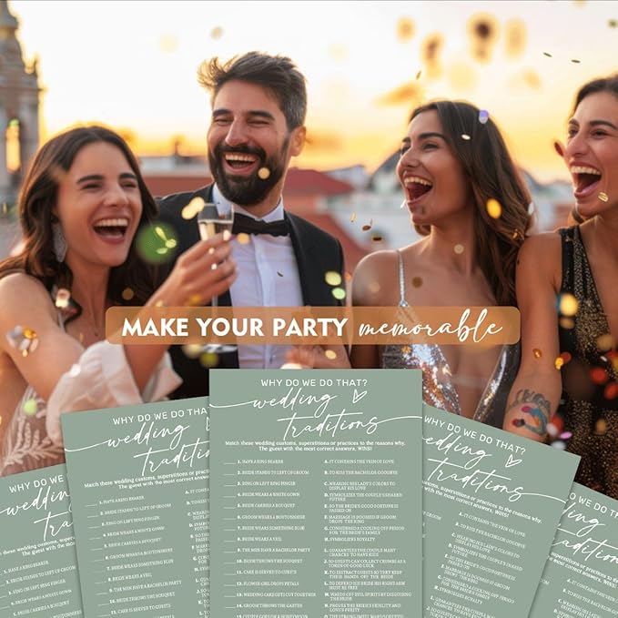 Bridal Shower Games Cards, Wedding Traditions Why Do We Do That, 25 Game Cards with 1 Answer Card, Engagement Party Wedding Games for Guests, Minimalist Green Wedding Party Supplies - C08