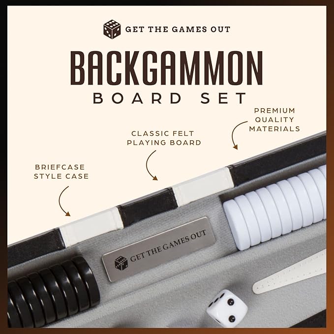 Get The Games Out Backgammon Set, Classic Board Game Case, 2 Players, Includes Strategy & Tip Guide, Perfect for Parties and Family Game Nights - Small, Black