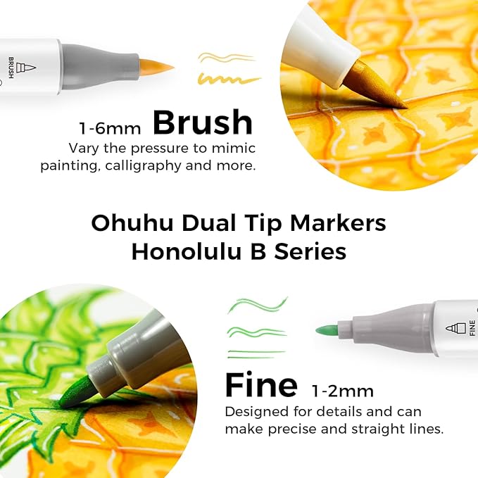 Ohuhu Alcohol Markers Brush Tip: 168-Color Double Tipped Art Marker Set for Artist Adults Coloring Illustrations -Honolulu B -Brush & Fine -Refillable