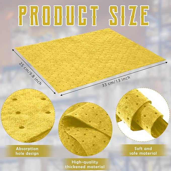Hoolerry 100 Pcs Oil Absorbent Pads Weight Dimpled Pad Garage Accessories Water Absorbent Mat Oil Spill Mat for Absorbing Protecting Home Garage Basement (9.8 x 13 Inch,Yellow)