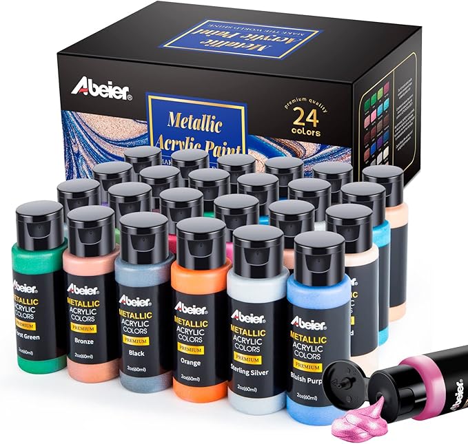 ABEIER Metallic Acrylic Paint, Set of 24 Metallic Colors in 2oz/60ml Bottle, Rich Pigments, Non Fading, Non Toxic Paints for Artist, Beginners & Kids Painting on Rocks Crafts Canvas Wood, Fabric&Stone