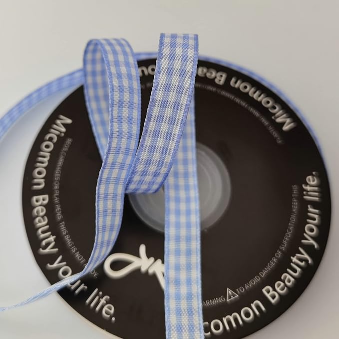 Light Blue Gingham Plaid Checked Ribbon 25 Yard Each Roll 100% Polyester (3/8", Lt.Blue)