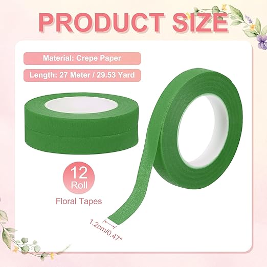MECCANIXITY 12 Rolls Floral Tapes, 30 Yard x 1/16 in Florist Crepe Flowers Bouquets Tape Adhesive Waterproof for Flower Arranging Wrapping, Light Green