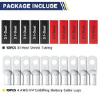 haisstronica 10pcs 4 AWG - 1/4" (M6) Tinned Copper Battery Lugs, Heavy Duty Copper Wire Lugs with 10pcs 3:1 Adhesive Heat Shrink Tubing,4 Gauge Wire Lugs,Tinned Copper Battery Cable Ends