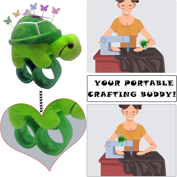 Cute Turtle Wrist Pin Cushion for Sewing with Magnetic, Snap Bracelet Wrist Bands for Pins and Needles Include 50 Lovely Butterfly Straight Pins.