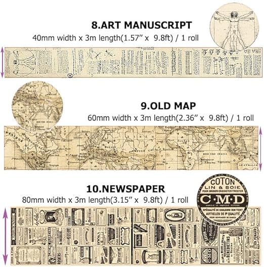10 Rolls (Totally 98ft/30m) Vintage Washi Tape Set, Masking Tape Nostalgic Style Decor Sticker for DIY Craft Scrapbooking Bullet Journal Planner Gift Wrapping
