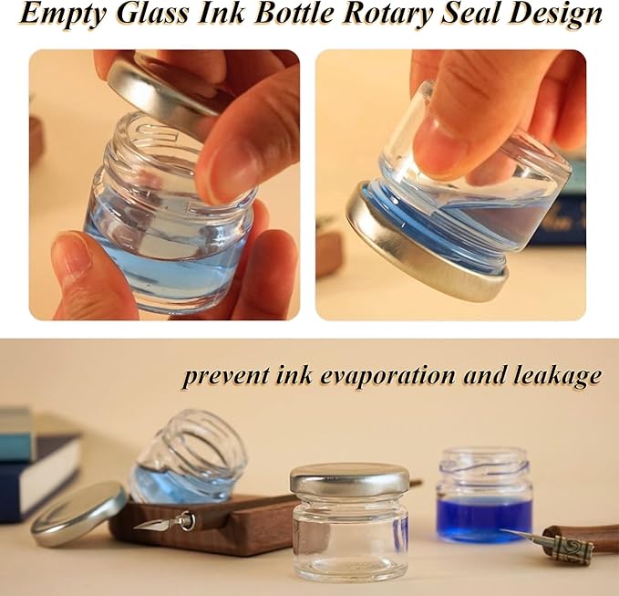 10Pcs Mini Glass Inkwell Ink Bottle Containers with Screw Lids for Calligraphy Oblique Nib Holder Stand Empty Dip Pen Ink Well Jars Desktop Decoration School Gifts(25ml)