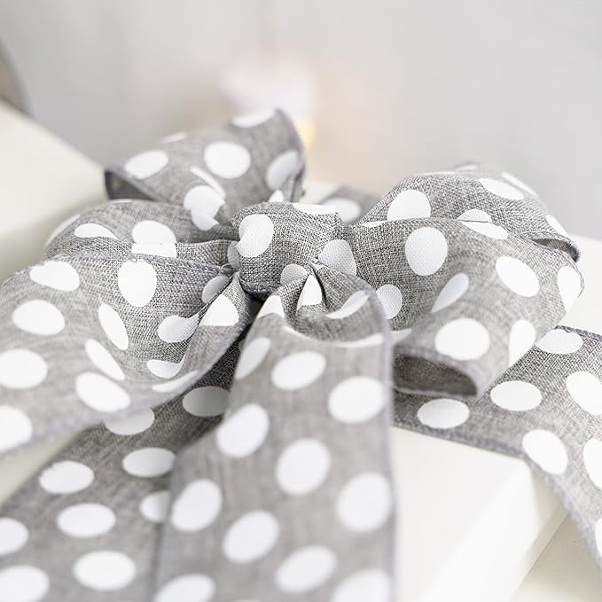 MEEDEE Polka Dots Burlap Ribbon - 2.5 Inch Wired Ribbon for Baby Shower, Farmhouse Decor, Elephant Wreath, Cakes - 10 Yards