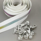Leekayer #5 Metallic Nylon Coil Zippers by The Yard Colorful Teeth Zipper Bulk 10 Yards White Tape with 25pcs Silver Sliders for DIY Sewing Tailor Craft Bag(White)