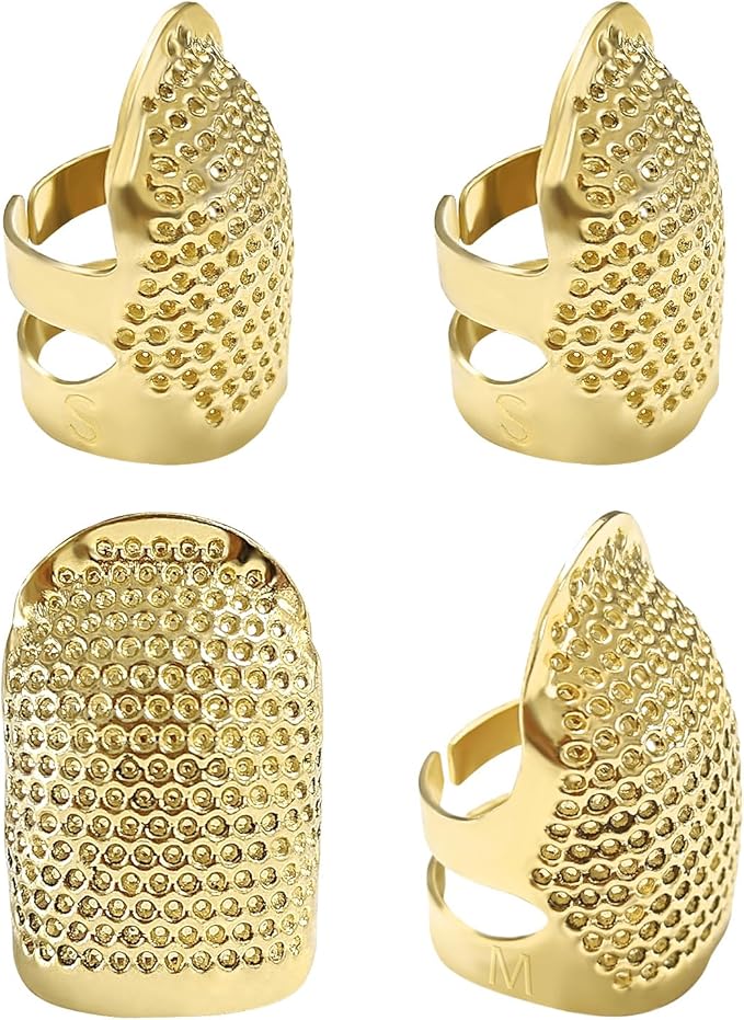 FR 4 Pack (2 Sizes, S/M) Sewing Thimble Finger Protector, Adjustable Finger Metal Shield Protector Pin Needles Sewing Quilting Craft Accessories DIY Sewing Tools Needlework Gold