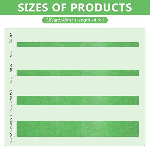 Epakh 4 Rolls Pinstripe Tape, Masking Tape in 1/16, 1/8, 1/4 and 1/2 Inch Wide, for Painters Automotive DIY Car Auto Paint Art(Green,52 yd)