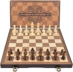 AMEROUS Magnetic Wooden Chess and Checkers Game Set, 15 Inches (2 in 1) Chess Board Games, 2 Extra Queens - Gift Package - Game Pieces Storage Slots, Beginner Chess Set for Kids, Adults