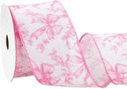 Pink Floral Bow Wired Edge Ribbon Chinoiserie Flower Bowknot Fabric Ribbon for DIY Crafts Wreath Bow Making Supplies, 12 Yard