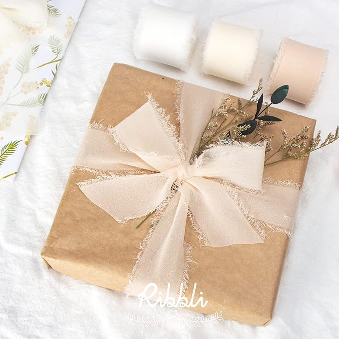 Ribbli White Chiffon Ribbon 1-1/2 inch x 20 Yard Handmade Fringe Chiffon Silk Ribbon, White Ribbon for Wedding Invitations, Bridal Bouquets Wrapping, Flower Arrangement Decoration