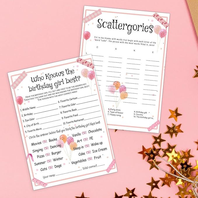 Birthday Party Games Set for Girls, Funny Girls Party Game, Girl Birthday‘s Supplies, Activity, Decorations, Includes Who Knows the Birthday Girl Best, Scattergories, 20 Double Sided Games Cards