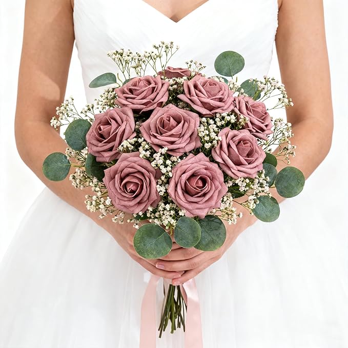 Artificial Flowers Foam Fake Roses 25pcs Dusty Rose Faux Roses with Stems for Home Decor DIY Wedding Bouquets Party Bridal Shower Centerpieces Faux Flower Arrangements Tables Decorations