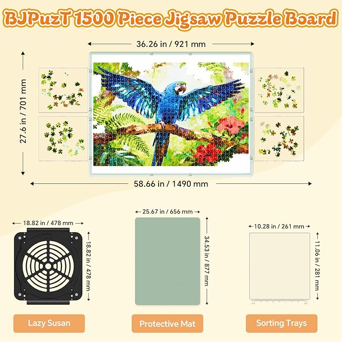 1500 Pieces Rotating Plastic Puzzle Board 3-in-1 Double-Sided/Tilting/Rotating, Portable Table 36.26"x27.6" Spinning Jigsaw Puzzle Table with Cover Lazy Susan Gift for Seniors Adults and Kids