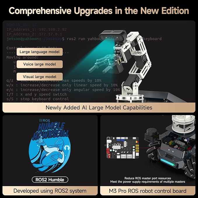 Yahboom ROS2 Robot Kit with Jetson Orin NX 16GB Super Large AI Model with 6DOF Robotic Arm AI Voice Interaction Module Supports 3D AI Vision App Control