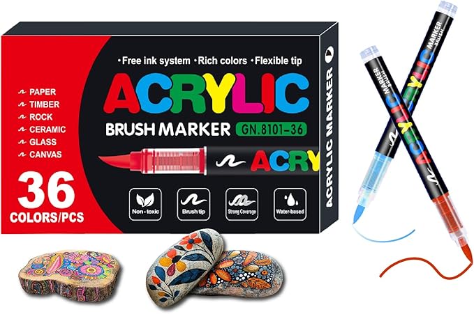 36 Colors No bleeding Non-Toxic Multi-Surface Flexible Tip Acrylic Paint Brush Markers Set, Water-Based Painting Art Pens for Canvas, Glass, Wood, Paper, Ceramic