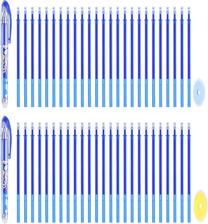 PATIKIL 2Pcs Erasable Gel Pens with 50 Refills & 2 Erasers, 0.5mm Heat Erasable Pens for Fabric Blue Ink Fabric Marking Pen for Sewing Quilting Planner Writing