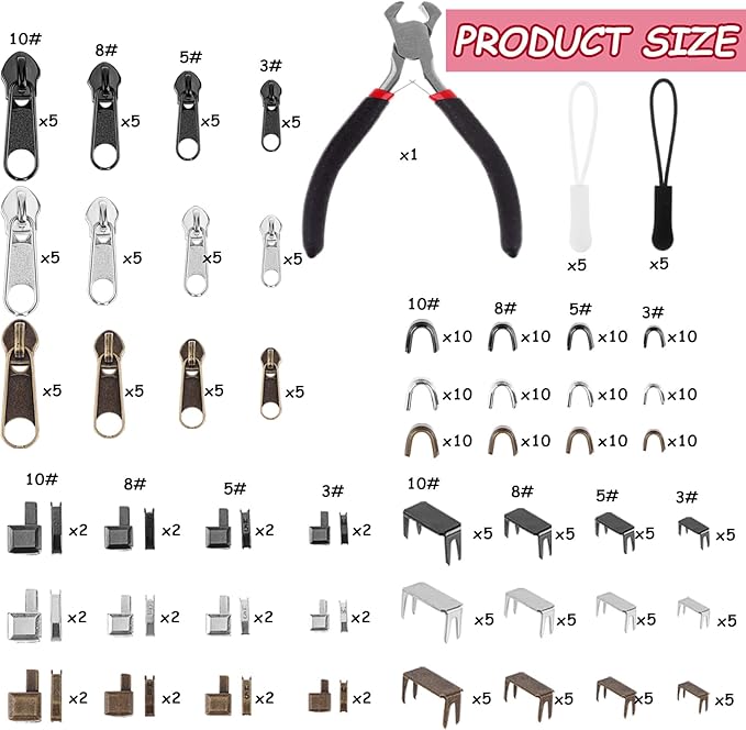 275 Pcs Zipper Repair Kit - Replacement Zipper Pulls & Sliders Set with Install Pliers for Jackets, Coats, Sleeping Bags, Backpacks