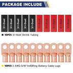haisstronica 10pcs 2 AWG - 5/16" (M8) Battery Cable Lugs, Heavy Duty Copper Wire Lugs with 10pcs 3:1 Adhesive Heat Shrink Tubing, 2 Gauge Wire Connectors Battery Terminal Connector, Battery Cable Ends
