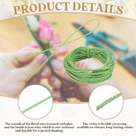 uxcell 50Pcs 2 Gauge Floral Wire, 11.81" Length Flower Stem Wires with 0.08" x 32.8ft Twine for Wreath Making, Flower Arrangement, Light Green