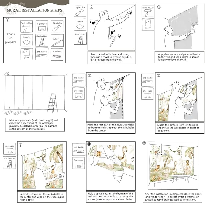 AFZEVEB-Safari Wallpaper Watercolor Animal Nursery Wall murals for Kids Room 182"x120"(Not Peel and Stick)