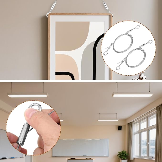 2 Pcs Heavy Duty Picture Hanging Wire Kit Adjustable Stainless Steel Wire Rope 1.5m x1.5mm Picture Frame Hang Kit with Hooks Heavy Duty Hardware Hold Up to 66lbs for Hanging Artwork Mirrors Painting