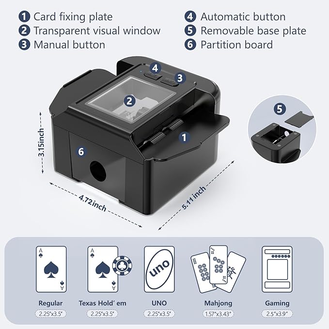 ShinePick Automatic Card Shuffler, Electric Shuffling Machine with 2000mAh Rechargeable Battery, Low Noise Card Shuffler - Automatic and Manual Mode for Poker, Phase 10, UNO, Skip-Bo
