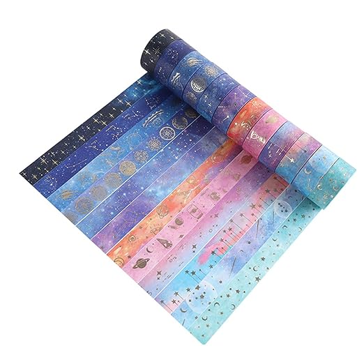 12 Rolls Galaxy Washi Tape Set, Gold Foil Decorative Masking Tape for Scrapbooking, Bullet Journal, Planner, DIY Crafts, Gift Wrapping
