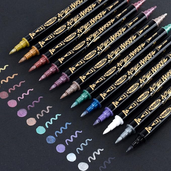 TRANSON 12Colors Metallic Paint Markers Brush and Fine Dual-tip for Rock Wood Ceramic Canvas DIY Painting Drawing