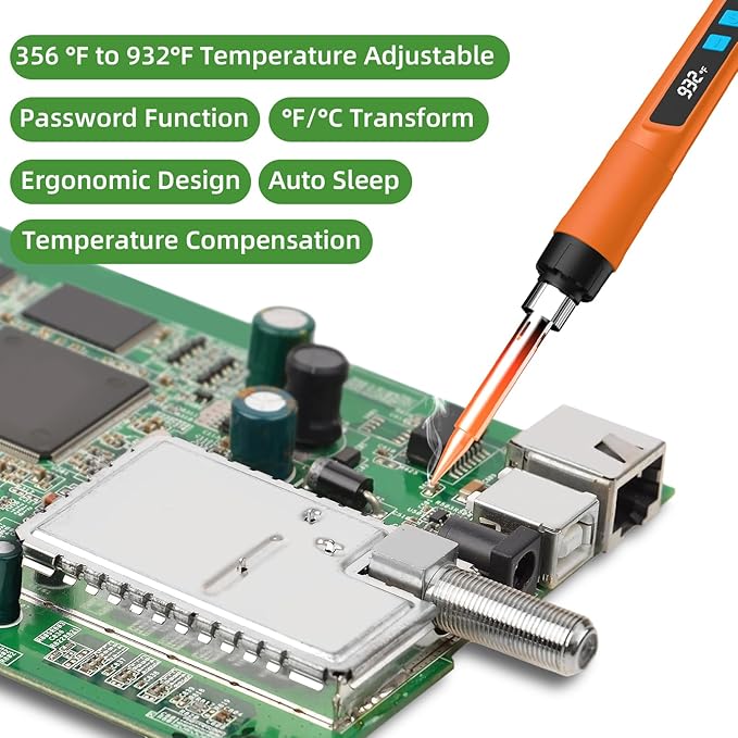 Soldering Iron Kit, 190W Soldering Gun, 110V LED Solder Kit for Electronics, Adjustable Temperature 356-932℉, Includes Solder Wire, Sucker, Tips, Stand, Tweezers, Paste and Solid Wood Box, Orange