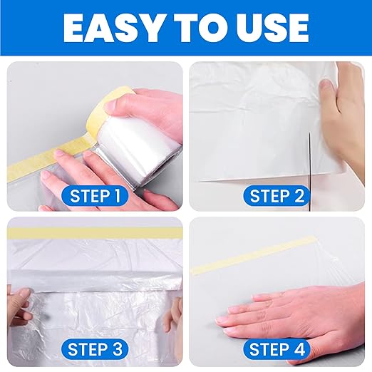 TAPEBEAR Pre-Taped Masking Film 9feet x 90feet(2600mmx 27m), Plastic Cover for Painting, Tape and Drape, Plastic Sheeting for Automotive, Floor, Appliance and Furniture, 3Rolls