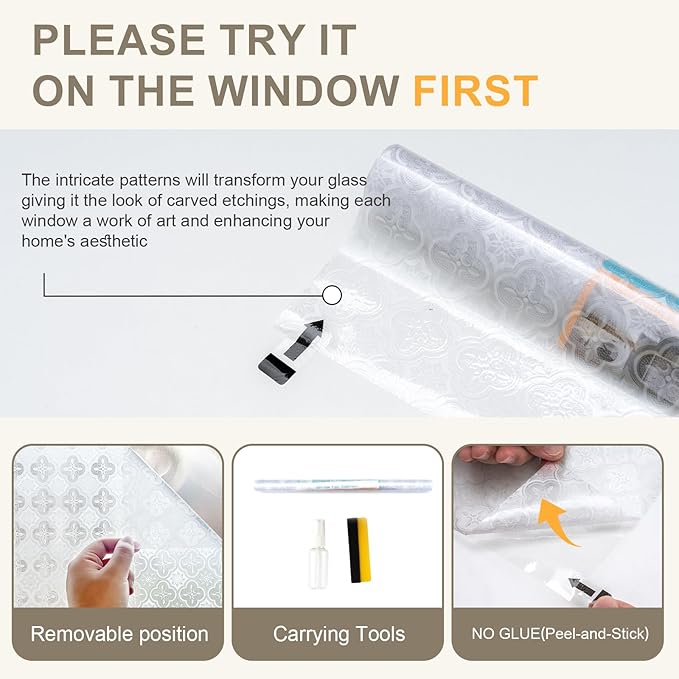 Window Privacy Film Decorative for Front Door, Bathroom Static Cling Stained Glass Sticker Opaque Heat Control UV Blocking Non-Adhesive for Home Windows 17.5 X 78.7 inches