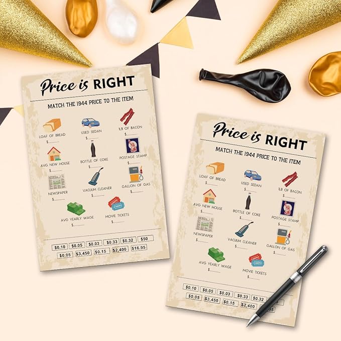 QUPT 80th Birthday Party Games, Price is Right Games, Birthday Party Supplies for Adults, Fun 1943s Party Game，Pack of 30 Cards