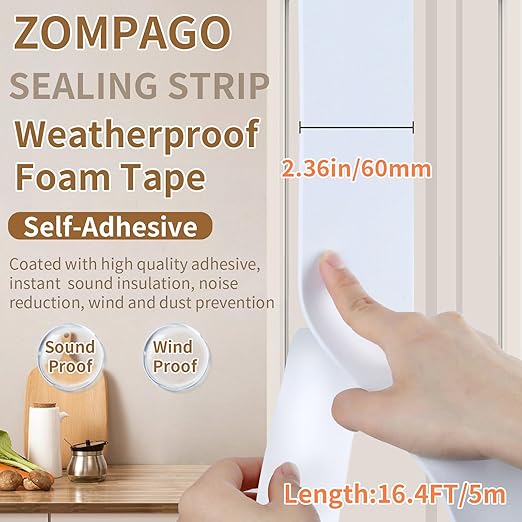 EVA Self - Adhesive Foam Tape |16.4ft Length, 2.4in Widths,White,| Winter - Ready Waterproof, Dustproof, Soundproof Weather Stripping for Windows, Doors & More to Block Chilly Drafts