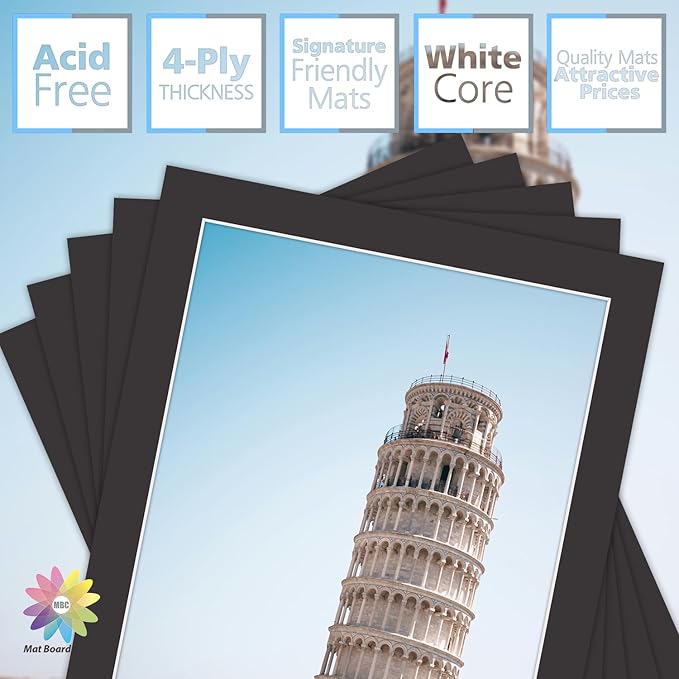 MBC MAT BOARD CENTER, 5 Pack 8x10 for 7x9 Black Picture Mats Frame Mattes, Bevel Cut, Acid Free, 4-ply Thickness