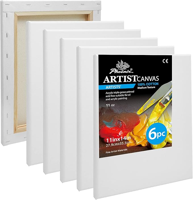 PHOENIX Professional Stretched Canvas for Painting - 11x14 Inch/6 Pack 3/4 Inch Profile, 100% Cotton 11 Oz. Heavy Duty Gesso Triple Primed White Blank Artist Canvases for Oil & Acrylic Paints