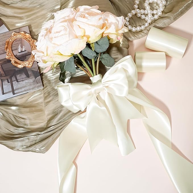 LaRibbons Ivory Satin Ribbon 3 Inch 10 Yards Double Faced Luxury White Cream Silk Ribbon for Gift Wrapping Flower Bouquets Bow Christmas Wedding Party Decoration