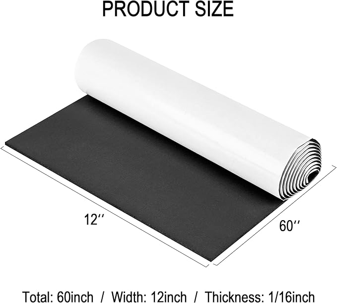 Neoprene Sponge Rubber Foam Sheets with Adhesive Backing, 12" x 60" x 1/16" Black Foam Roll Insulation Board Soundproof Neoprene Mat, Great for Cosplay Padding, DIY, Gaskets, Costume, Crafts