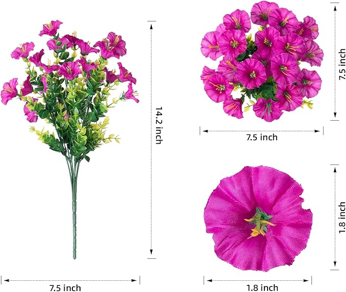 Artificial Flowers Fake Plants for Outdoors Decoration, 12 Bundles Silk Morning Glory with Eucalyptus Realistic UV Resistant Fuchsia Faux Flowers for Outside Planter Yard Patio Garden Home Indoor