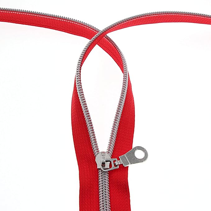 #5 Silver Metallic Nylon Coil Zippers by The Yard Bulk 10 Yards Red Tape with 25pcs Silver Sliders for DIY Sewing Tailor Craft Bag Leekayer(Red)