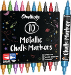 Chalkola Dual Tip Liquid Chalk Markers for Blackboard (10 Metallic Colors, 1mm+5mm Fine, Bold) - Dry Erase Marker Pens for Chalkboards Signs, Car Windows, Glass, Mirrors - Erasable Chalkboard Markers