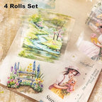 Girl and Scenic PET Tape Set, 4 Rolls Pre-Cut Adhesive Tapes for Scrapbooking, Junk Journaling, DIY Crafts, and Art Supplies