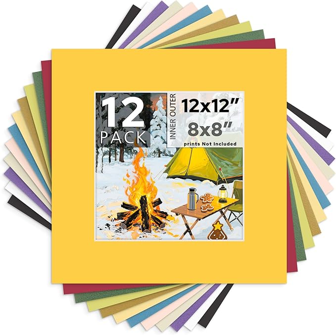 Mat Board Center, 12X12 Mix Color Mats for 8X8 Pictures - Acid Free, 4-Ply Thickness, White Core, Bevel Cut - for Artworks, Photos, Framing - Pack of 12