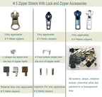Zipper Repair Kit 39 Pcs, #5 Sliders with Pull, Metal Zippers Retainer Box,Insertion Pin 6 Sets, Replacement Zip Bottom/Top Stop, Metal, Plastic, Nylon Coil Zippers Head FIx on Jaceket