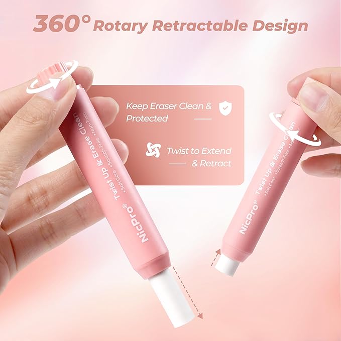 Nicpro 6 Pack Rotary Retractable Erasers Pen Style, Aesthetic Pastel Twist Erasers in Macaron Colors, Clean Erasing TPE Eraser for School Supplies, Office, Drawing & Journaling