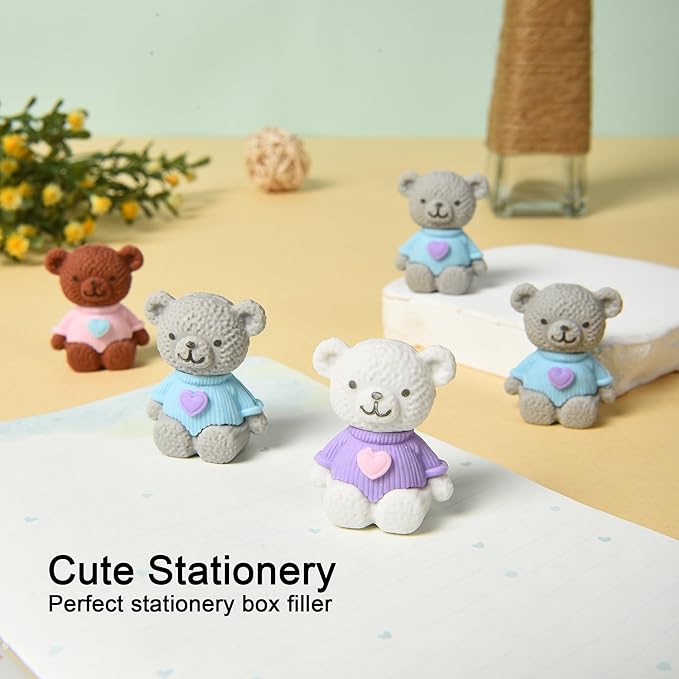HILAZA 18Pcs Pencil Top Erasers for Kids, 3D Cute Bear Pencil Toppers, Bulk Fun Pencil Cap Easters for School Classroom Supplies Prize Gifts Party Favors