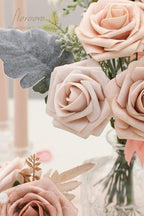 Floroom Artificial Flowers 25pcs Real Looking Warm Taupe & Nude Foam Fake Roses with Stems for DIY Wedding Bouquets Bridal Shower Centerpieces Floral Arrangements Party Tables Home Decorations